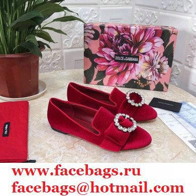 Dolce  &  Gabbana Velvet Crystals Loafers Slippers Red 2021